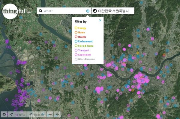 씽풀을 통해 서울을 검색한 모습. 여러 IoT 기기들이 씽풀에 정보를 제공하고 있다는 사실을 확인할 수 있다.