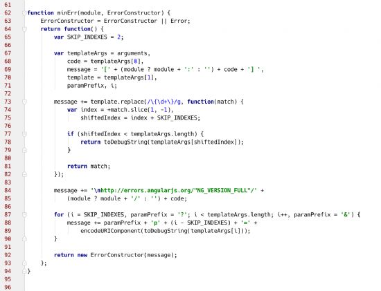 소스파운드리 사이트에 공개된 프로그래머용 오픈소스 글꼴 핵의 샘플 이미지. 핵 글꼴을 적용한 코드 편집기에서 자바스크립트로 작성한 소스코드 예제를 보여 주고 있다.