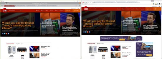 브레이브 브라우저(왼쪽)와 크롬 브라우저(오른쪽)로 미국 씨넷 사이트를 열어 본 결과. 브레이브 브라우저는 광고 노출 영역을 공백으로 표시하고 있다.