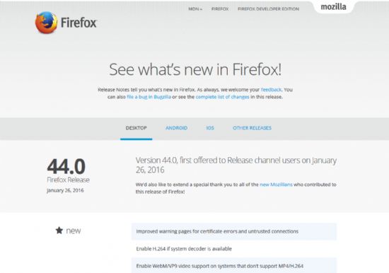 모질라가 2016년 1월 26일 배포를 시작한 파이어폭스44의 정식판 소개.