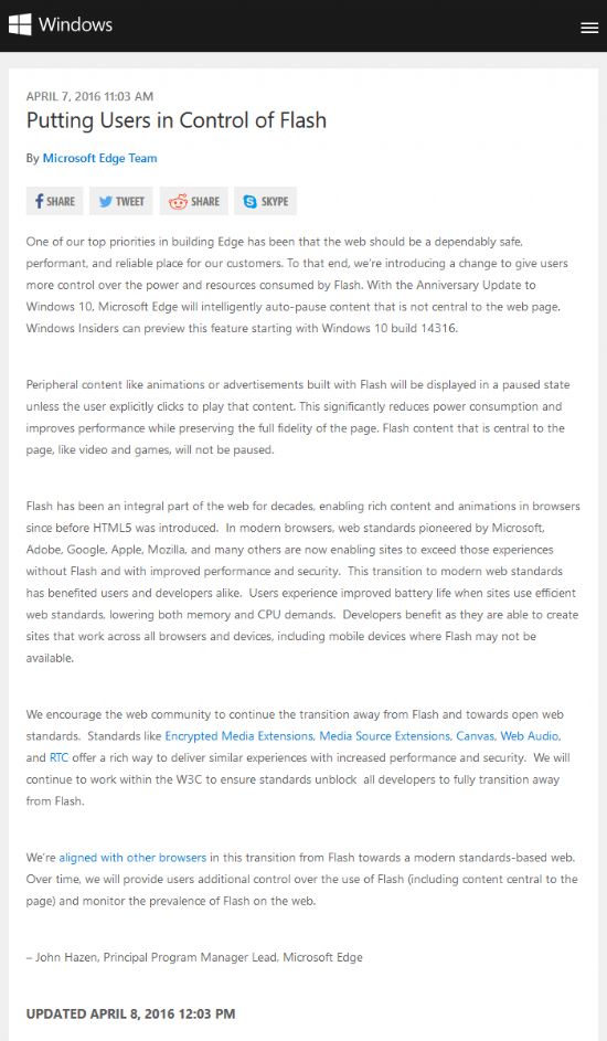 마이크로소프트 공식 블로그에 게재된 엣지 브라우저 개발팀의 플래시 기능 관련 변화 예고.