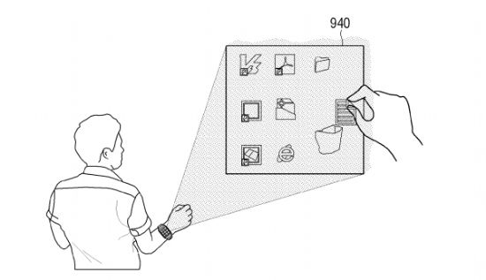 삼성전자가 스마트워치 사용자의 손등에 가상의 키보드를 투사해 터치할 수 있도록 하는 내용의 특허를 출원한 것으로 확인됐다. (사진=USPTO)