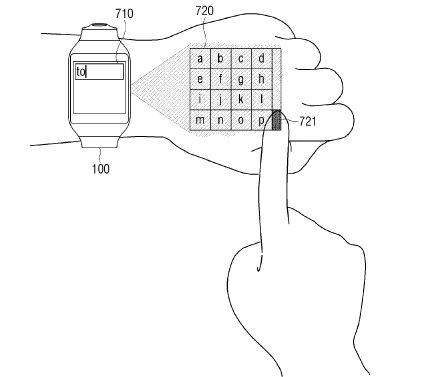 삼성전자가 스마트워치 사용자의 손등에 가상의 키보드를 투사해 터치할 수 있도록 하는 내용의 특허를 출원한 것으로 확인됐다. (사진=USPTO)