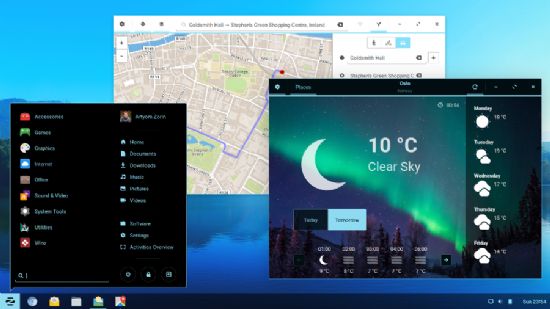 조린OS 12 구동 화면. 창 UI 테마, 작업표시줄, 시작 메뉴 등 전반적인 디자인이 윈도10을 연상시킨다.