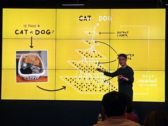 박영찬 엔지니어는 머신러닝에 인공신경망을 도입해 여러 층을 거쳐서 기계가 고양이과 개 사진을 구분할 수 있게 된다고 설명했다.