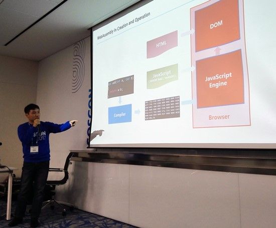삼성전자 SW개발자 김현덕 씨. 웹어셈블리 기술의 동작 방식을 설명하고 있다.
