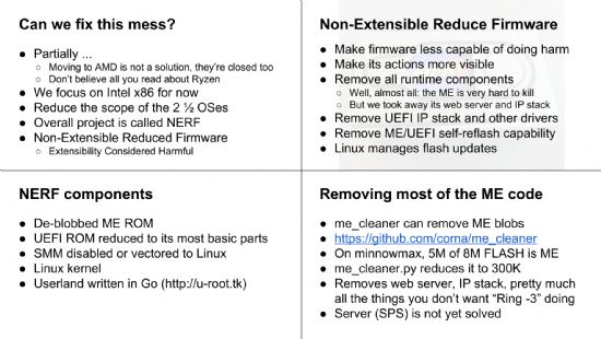 로널드 미니치의 임베디드리눅스컨퍼런스유럽 발표자료 일부. 리눅스커널로 UEFI, SMM, ME 펌웨어 역할을 대신하는 NERF 프로젝트를 설명하고 있다.