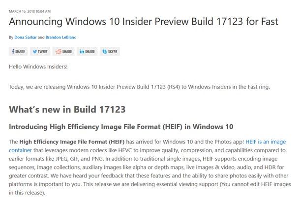 윈도10, HEIF 포맷 지원 예정