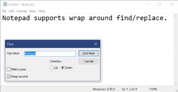 윈도10 레드스톤5 업데이트에 포함된 메모장은 찾기 및 바꾸기 동작에 랩어라운드 옵션을 지원한다.