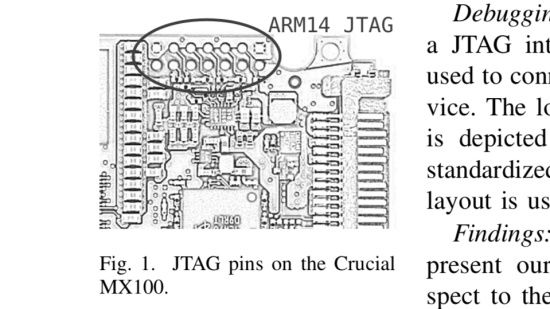 크루셜 MX100에 내장된 JTAG 단자. 기기 점검이나 디버깅 등 개발 단계에서 쓰인다. (그림=PDF 캡처)