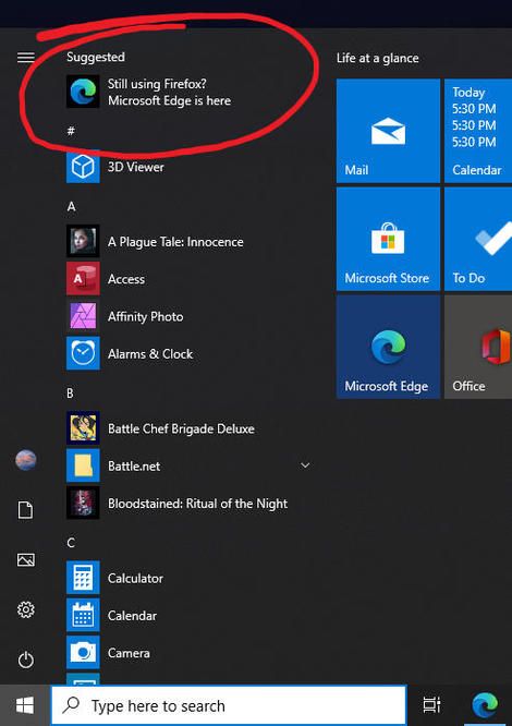 윈도10 시작메뉴, 파폭 사용자에게 '엣지 쓰라' 광고