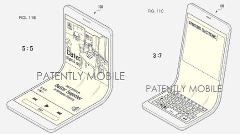 삼성전자가 출원한 특허 속 폴더블 디스플레이는 접히는 비율을 자유자재로 바꿀 수 있다. (사진=페이턴틀리모바일, USPTO)