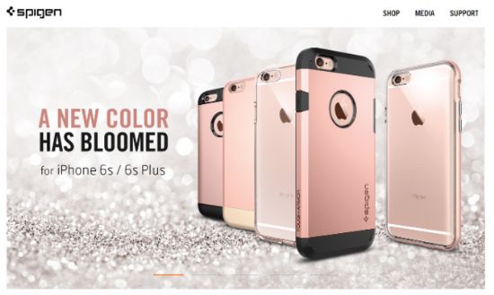 슈피겐코리아가 공개한 아이폰6s 로즈골드 제품용 케이스 사진. 케이스 속에 있는 로즈골드 색상의 아이폰6s가 보인다.