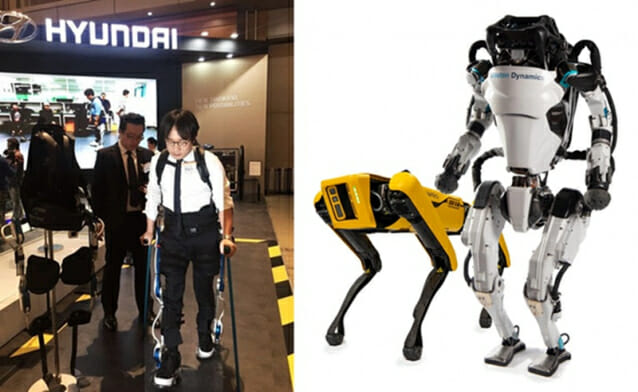 현대차그룹의 착용식 로봇(사진 좌측)과 보스턴 다이내믹스의 4족 보행 & 2족 보행 로봇 (사진=지디넷코리아, 현대차그룹 제공)