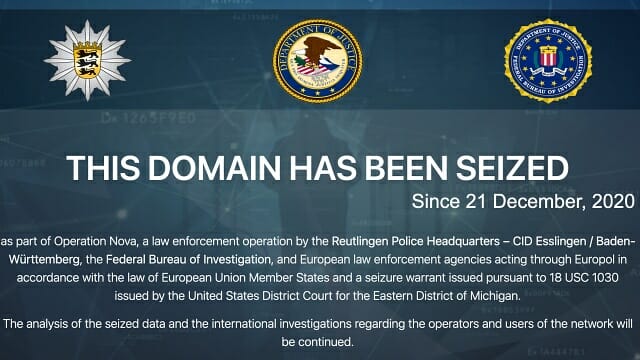 폐쇄됀 VPN 서비스에 표시되는 미국 FBI와 유로폴의 공고문. (그림=웹사이트 캡처)