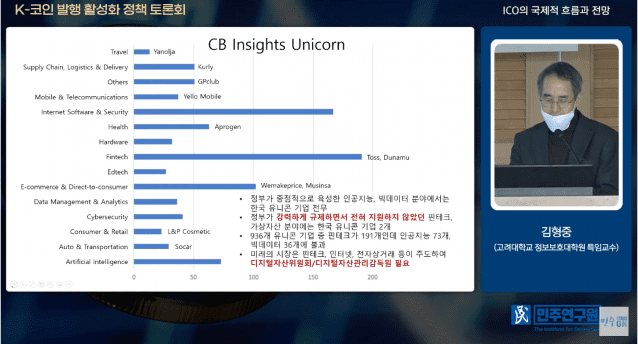 김형중 고려대 특김교수가 CB인사이트 유니콘 기업 분석 자료를 소개하는 모습.