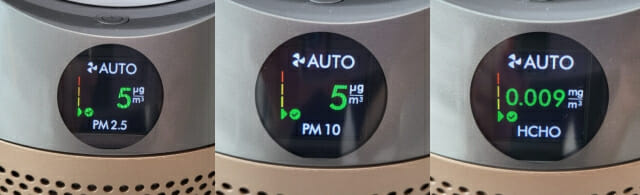 집안 공기가 깨끗했을 때 다이슨 공기청정기에 표시되는 미세먼지(PM10), 초미세먼지(PM2.5), 포름알데히드(HCHO) 수치 (사진=지디넷코리아)