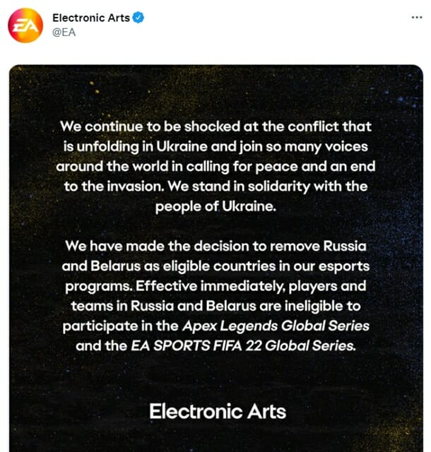 EA, 러시아-벨라루스 e스포츠 적격 국가 제외