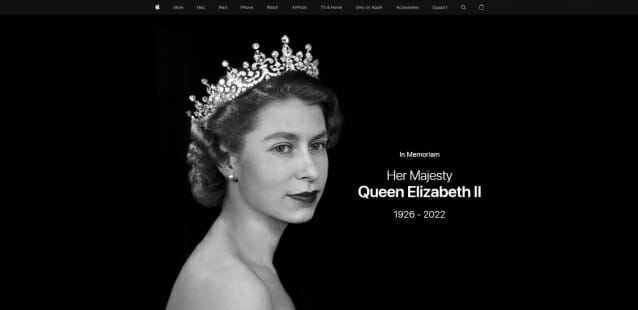 애플이 9일 엘리자베스 2세 영국 여왕 서거 소식을 접한 후 마련한 공식 사이트 메인 페이지.