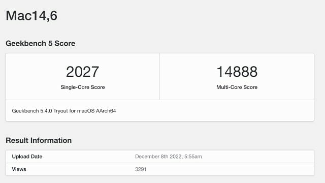 지난 주 벤치마크 프로그램 '긱벤치'를 통해 포착된 애플 M2 맥스 칩 성능 측정 결과.