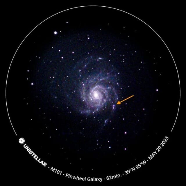 지구에서 가장 가까운 초신성 위치를 보여주는 바람개비 은하의 모습 (사진=마이클 커닝햄)