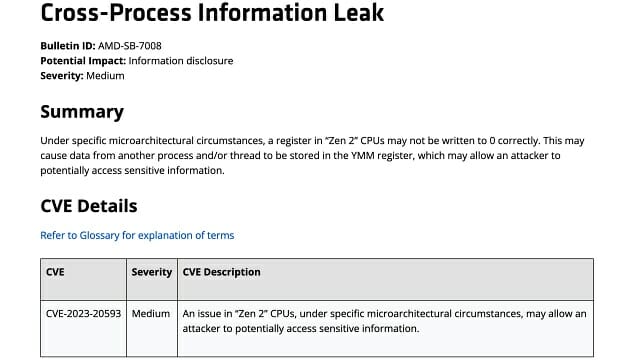 AMD는 24일 공개한 보안 공지문을 통해 ”젠2 기반 프로세서 내부 레지스터가 특정한 상황에서 '0'을 제대로 기록하지 못한다”고 설명했다.