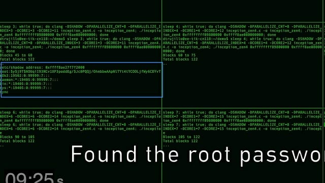 라이젠 7 7700X 프로세서에 리눅스를 설치한 뒤 '인셉션'을 시연하는 장면. 코드 실행 후 8초만에 root 비밀번호가 유출됐다.