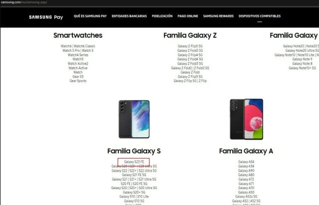 스페인 삼성페이 웹 사이트에도 갤럭시S23 FE 모델이 추가됐다.