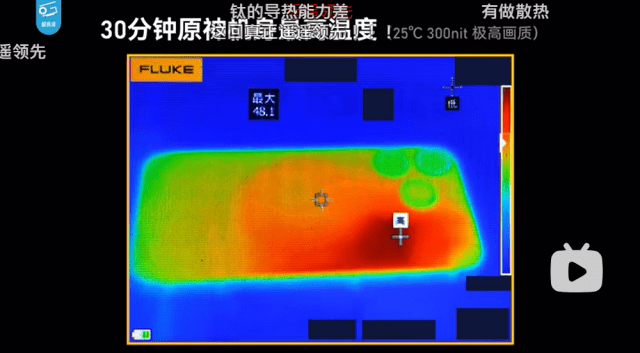최근 중국 IT 전문 유튜버 ‘Geekerwan'rk 아이폰15 발열 테스트를 진행했다. 아이폰15 프로 맥스로 원신게임을 실행했을 때 표면 온도가 최대 48°C까지 올라가는 것을 보여줬다. (사진=IT 유튜버 Geekerwan)