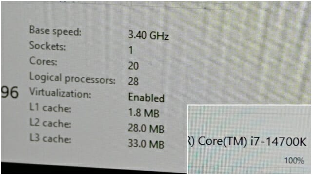 윈도11 운영체제 작업 관리자로 확인한 코어 i7-14700K 코어 수. (사진=지디넷코리아)