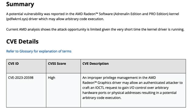 AMD는 'PDFKRNL.sys' 파일의 보안 문제를 수정해 배포했다.