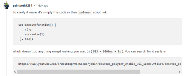 Le code qui, selon les utilisateurs, est à l'origine du retard de 5 secondes (via Reddit)