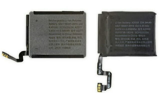 애플은 애플워치7부터 과열을 막기 위해 금속 케이스 배터리를 채택했다. 왼쪽 사진은 애플워치의 금속 케이스 배터리, 오른쪽은 과거 배터리 사진이다. (사진=아이픽스잇)