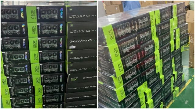 Cartes graphiques GeForce RTX 4090 pour PC livrées à une usine en Chine (Photo : Baidu Forum)
