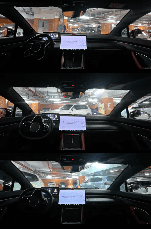 화웨이의 룩시드 S7 무인 발렛파킹 영상. 차량이 지하 주차장에서 출발해 정면에서 온 차량에 양보하고 주행하는 장면 (사진=비리비리)
