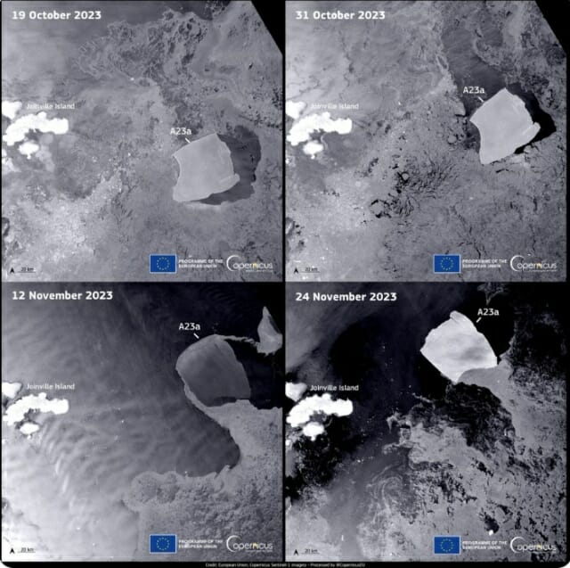 코페르니쿠스 센티넬 1호 위성이 촬영한 빙산 A23a의 경로. 사진은 10월 19일과 31일, 11월 12일과 24일에 촬영됐다. (출처: 엑스@CopernicusEU)