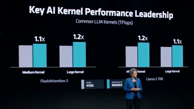 AMD는 MI300X이 메타 라마2 등 모델에서 엔비디아 H100 대비 1.6배 높은 성능을 낸다고 설명했다. (자료=AMD)