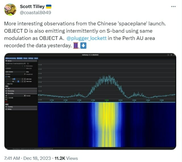 스콧 틸리는 중국 기밀우주선이 우주로 배치한 물체에서 나오는 신호를 관측했다. (사진=스콧 틸리 엑스 @coastal8049)