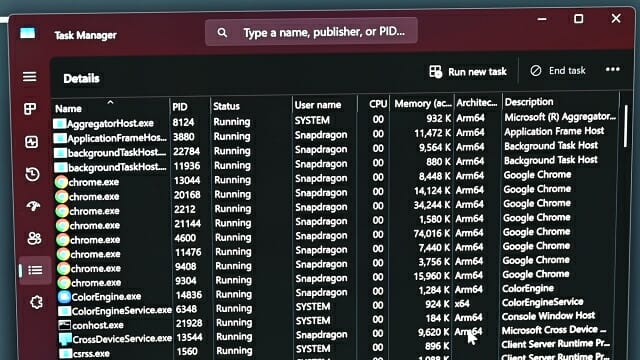 스냅드래곤 X 엘리트 탑재 PC의 작업 관리자. 거의 모든 응용프로그램이 Arm64 명령어로 작동한다. (사진=지디넷코리아)