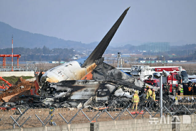 전남 무안국제공항에서 여객기 착륙 도중 사고가 난 지난해 12월 29일 소방당국이 제주항공 여객기 잔해를 살피고 있다.(사진=뉴시스)