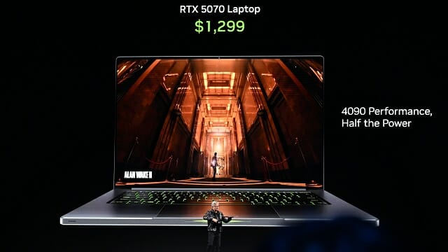 노트북용 RTX 5070 GPU는 RTX 4090과 비슷한 성능을 1/2 전력 소모로 구현했다. (사진=지디넷코리아)