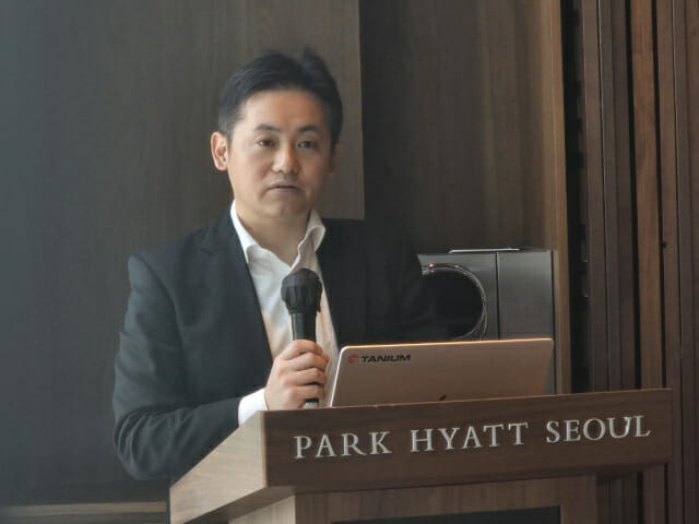 아키라 카토 태니엄 기술 담당 부사장이 18일 서울 강남구 파크하얏트서울호텔에서 열린 기자간담회에서 발표하고 있다.(사진=방은주 기자)