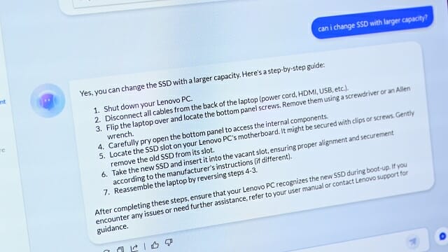 'SSD를 더 큰 용량으로 바꿀 수 있는가'를 묻자 관련된 답변을 출력했다. (사진=지디넷코리아)