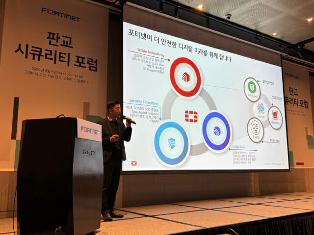 안창현 포티넷 한국지사 상무가 5일 경기 성남시 그래비티조선서울판교호텔에서 열린 ‘포티넷 판교 시큐리티 포럼’에서 발표하고 있다.(사진=유혜진 기자)