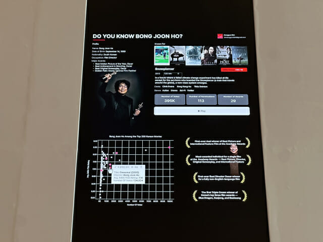 봉준호 감독의 선호 장르과 작품별 관객 수, 스타일 변화 등을 데이터화한 대시보드.