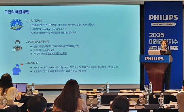 용인세브란스병원 김은경 병원장이 의료 AI 인프라를 기반으로 한 병원의 실증 사례를 소개하고 있다