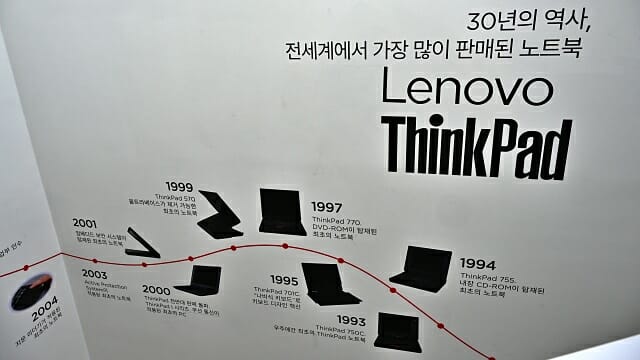 레노버 씽크패드의 연혁을 소개하는 전시물. (사진=지디넷코리아)
