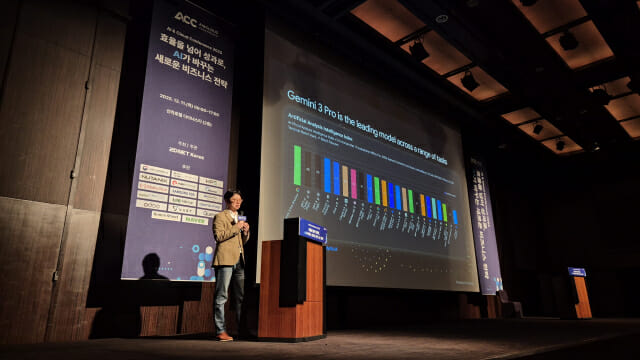 안영균 구글 클라우드 엔터프라이즈 파트너십 헤드가 11일 서울 중구 신라호텔에서 열린 ACC 2025에서 구글 제미나이3의 성능에 대해 소개하고 있다. (사진=지디넷코리아)