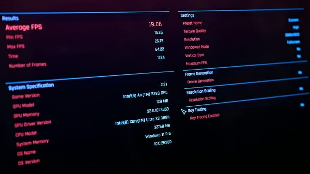 벤치마크 실행 후 결과 표시. 초당 19.06프레임을 소화했다. (사진=지디넷코리아)