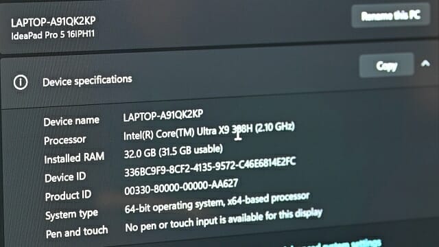 시제품 노트북의 제원. (사진=지디넷코리아)